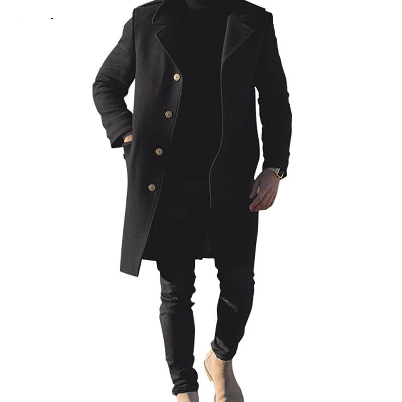 Coat long black men winter trench overcoat