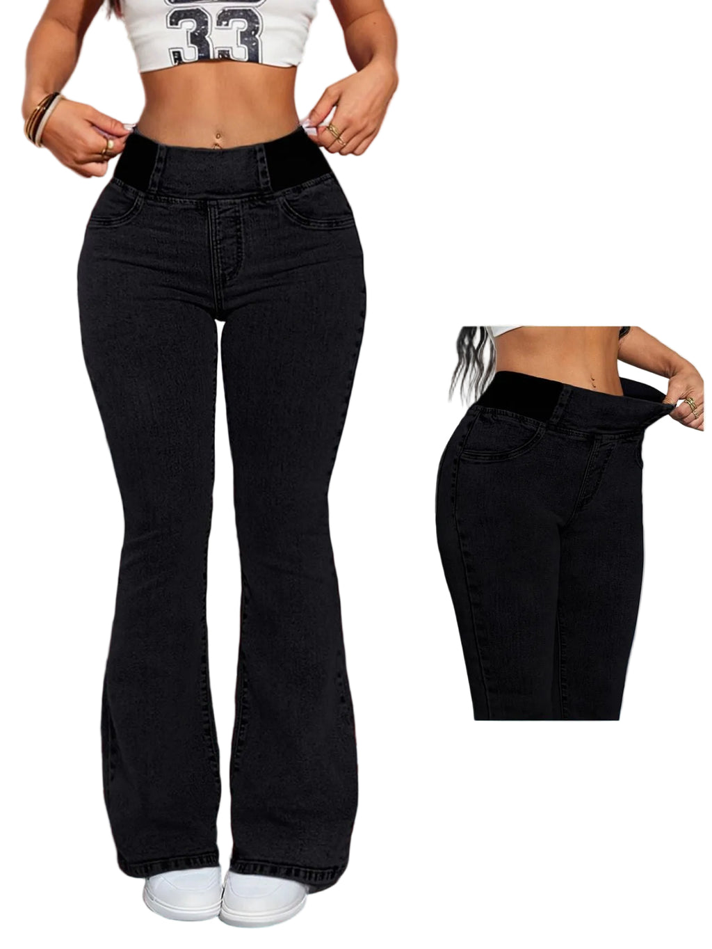 Women's High-Waisted Flare Jeans - Black color At Casualflowshop