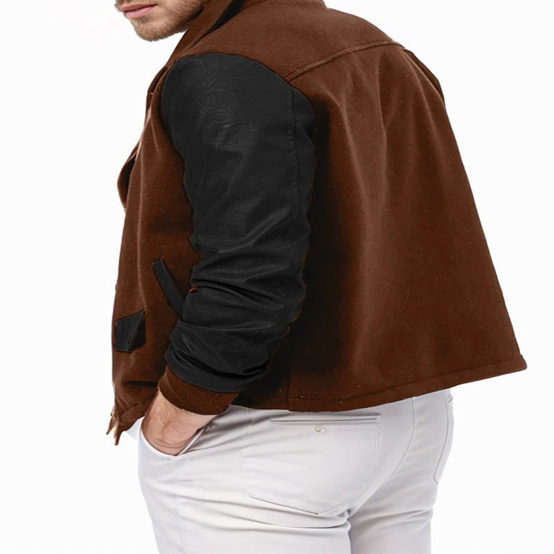 Brown leather vest with black sleeves worn by a person on a white background