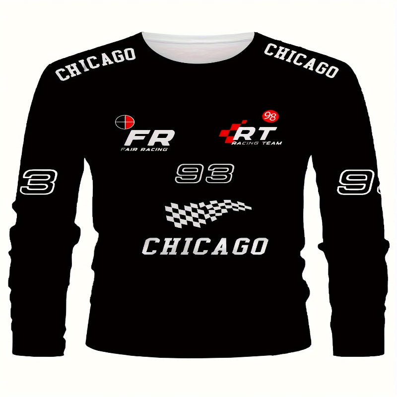 Black long-sleeve shirt with racing-themed graphics and text on a white background
