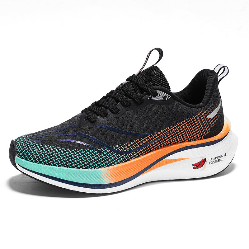 Men’s low-top casual sneakers in black with breathable knit upper on white background