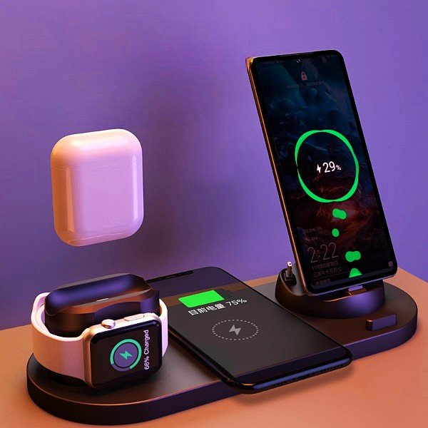 Wireless Charger Station charging multiple devices including iPhone, phone, and watch simultaneously - casualflowshop