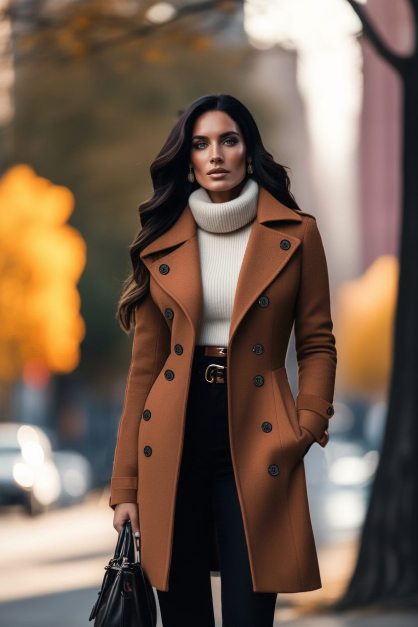 Women's camel double-breasted wool coat styled with white turtleneck and black pants, autumn street fashion