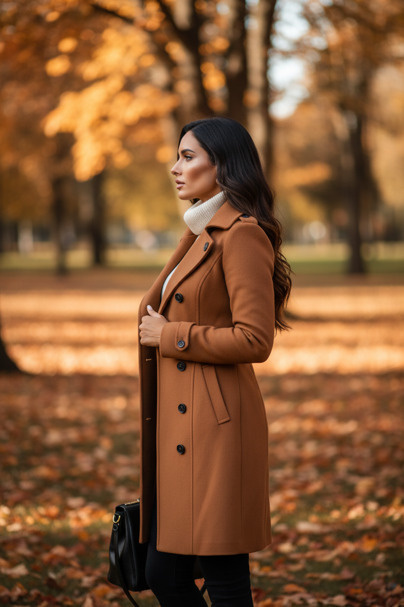 Women's camel wool coat side view in autumn park setting, elegant double-breasted winter jacket