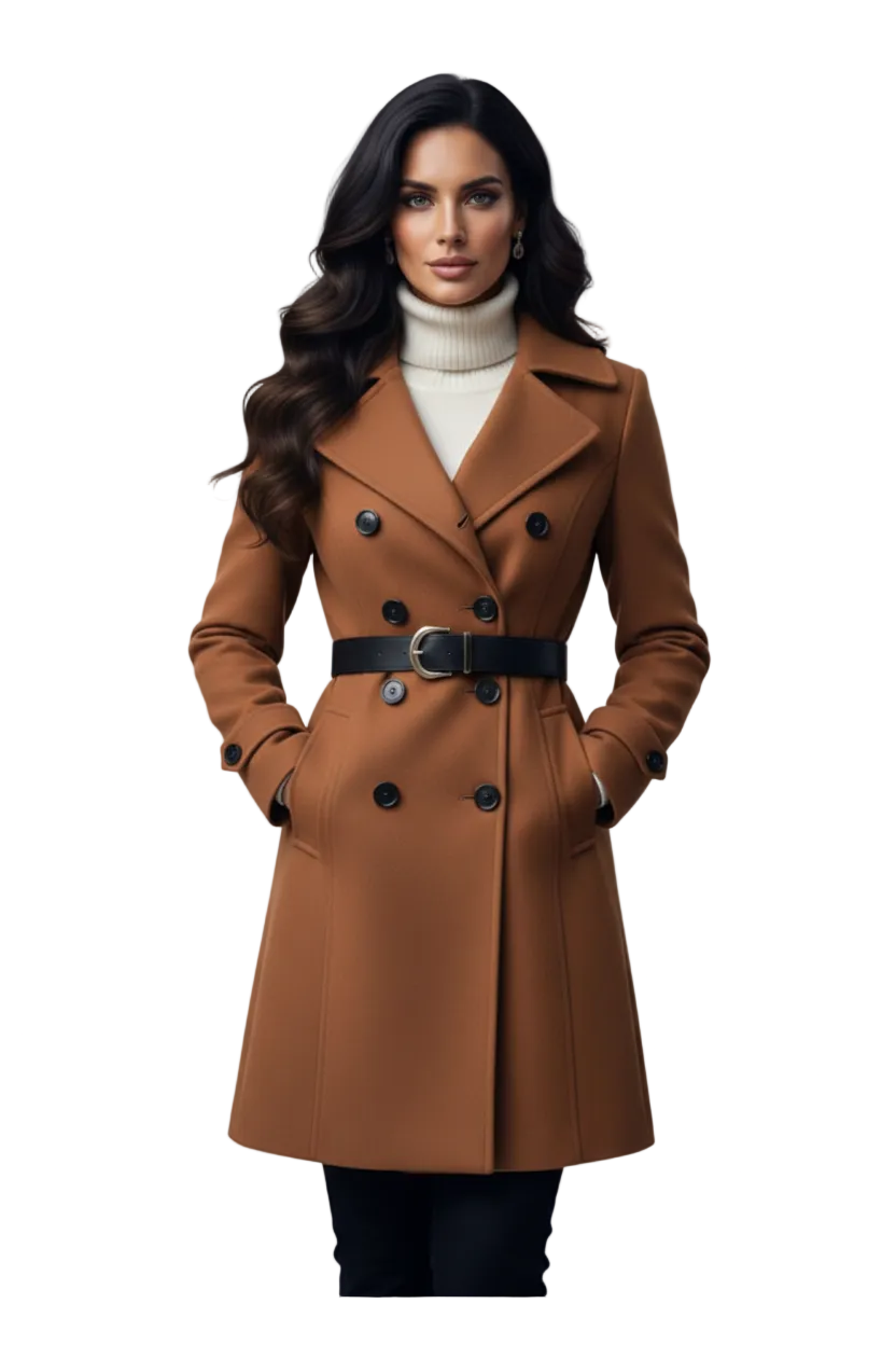 Women's camel wool coat front view on white background, loose fit suit collar jacket for fall and winter