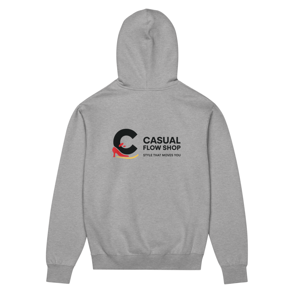 Carbon grey unisex pullover hoodie with Casual Flow Shop logo shown from the back.