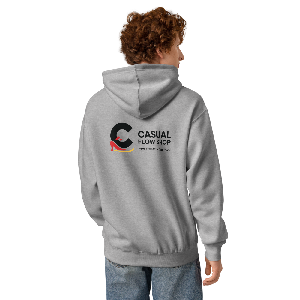 A person shown from the back wearing a light gray pullover hoodie with a 'CASUAL FLOW SHOP' logo printed on the back