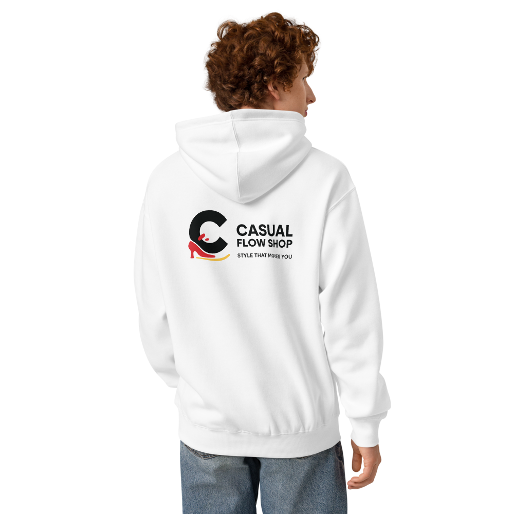 A person shown from the back wearing a white pullover hoodie with a black, red, and yellow graphic on the back 
