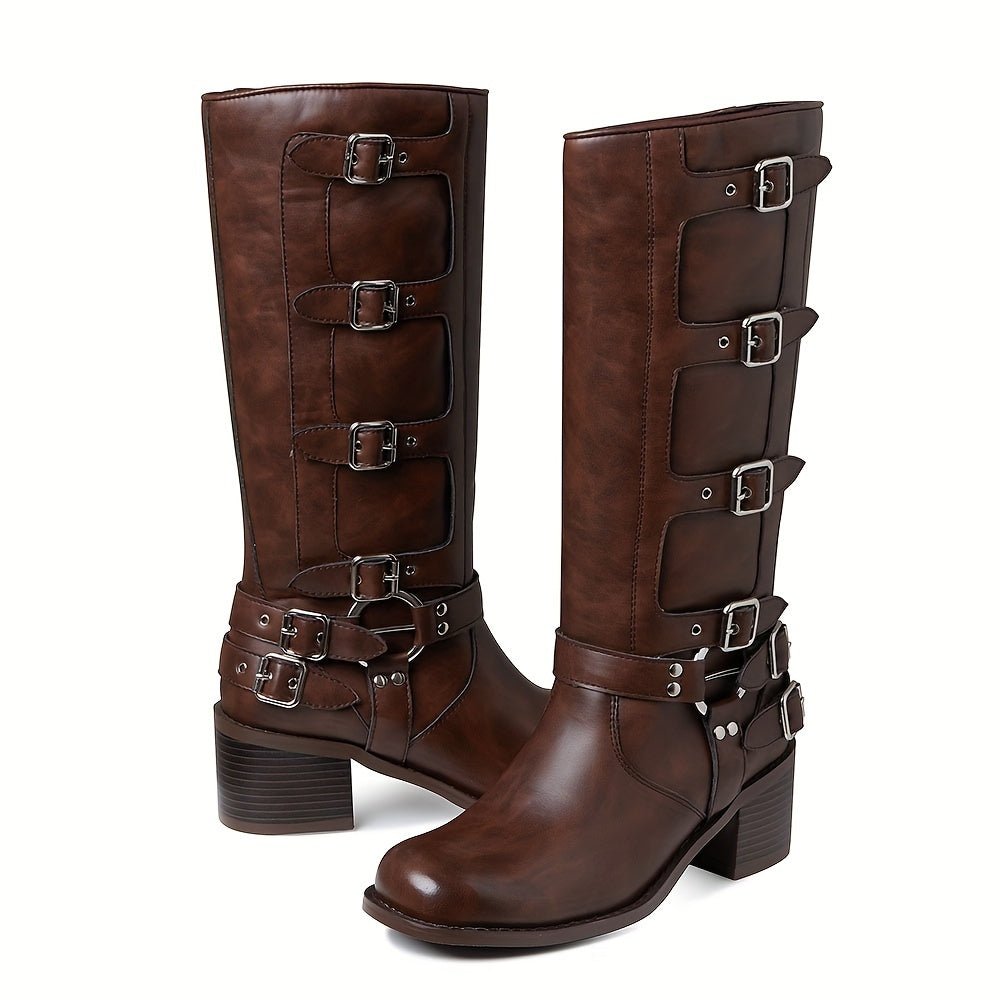 Mid - Calf High Knight Buckle Boots - CasualFlowshop