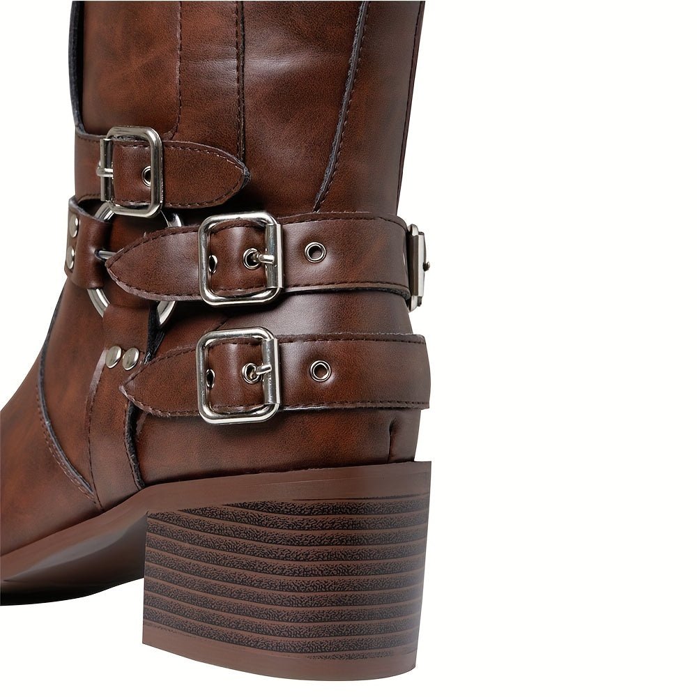 Mid - Calf High Knight Buckle Boots - CasualFlowshop