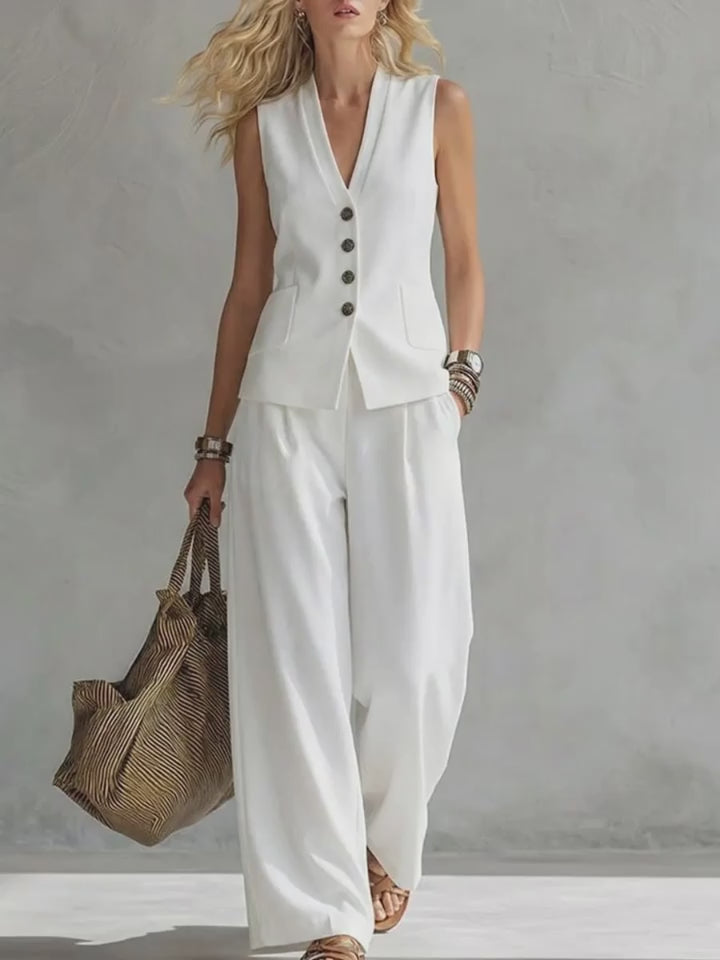 V-Neck Vest and Loose Trousers Set  For Woman  - At Casual Flow Shop