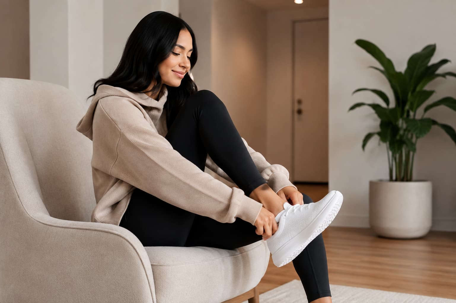 Woman putting on lightweight white sneakers at home